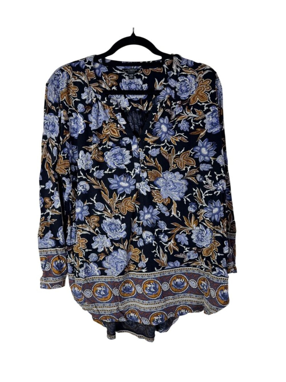 Lucky Brand Floral Boho Tunic Top Long Sleeve sz XL Blue Brown Peasant Whimsical
